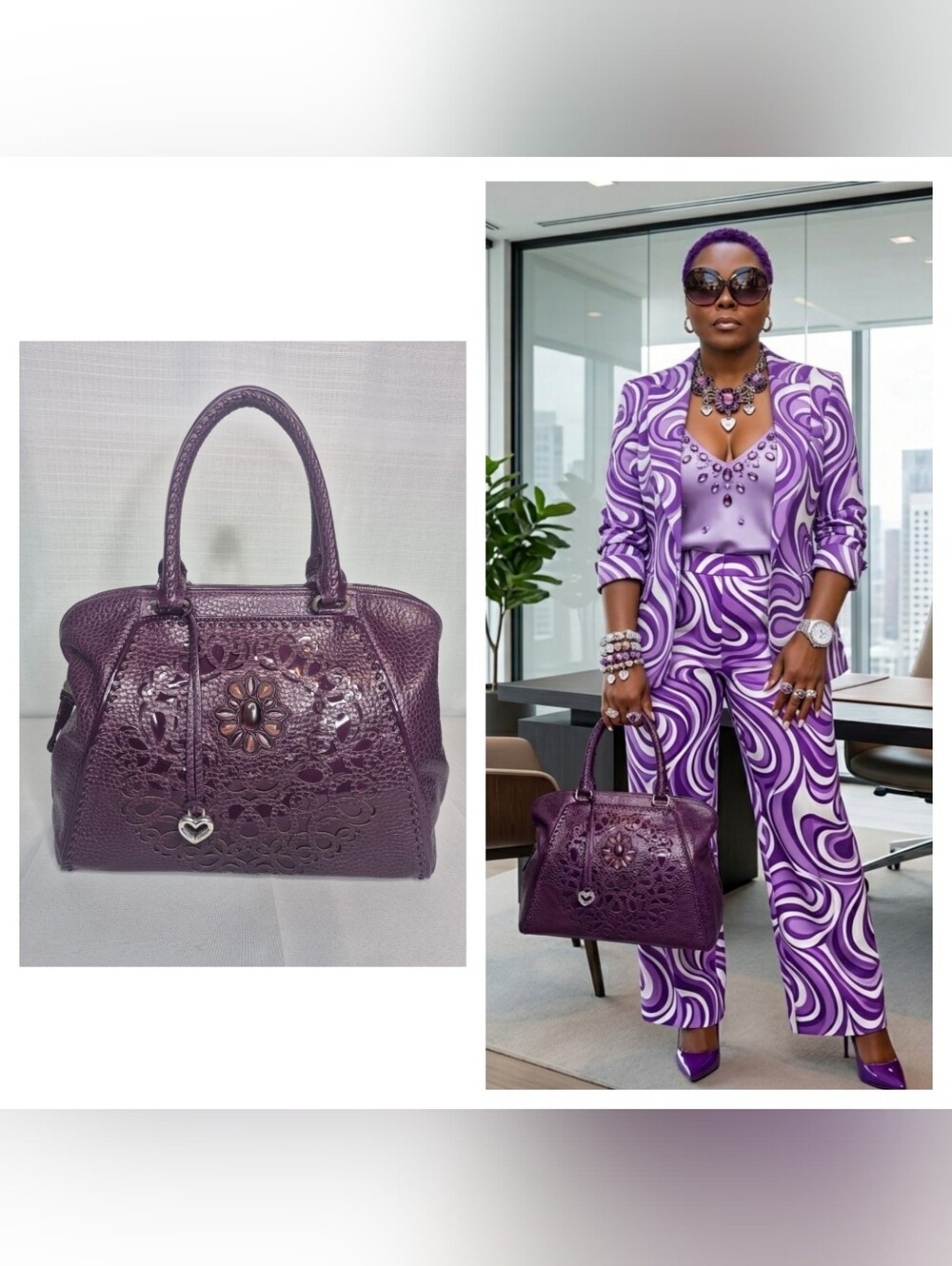 BRIGHTON PURPLE JOELLE  PEBBLED LEATHER BEADED EMBOSSED DOCTORS BAG MRP$440 NWOT